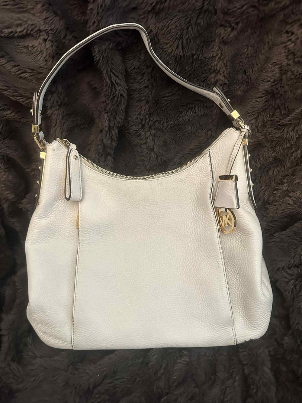 Michael Kors Bowery Optic  White Pebbled Leather Shoulder Bag with Gold Charm